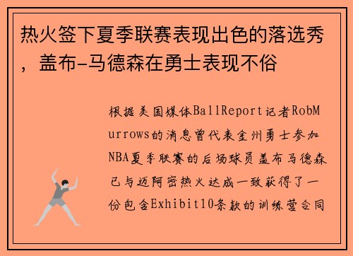 热火签下夏季联赛表现出色的落选秀，盖布-马德森在勇士表现不俗
